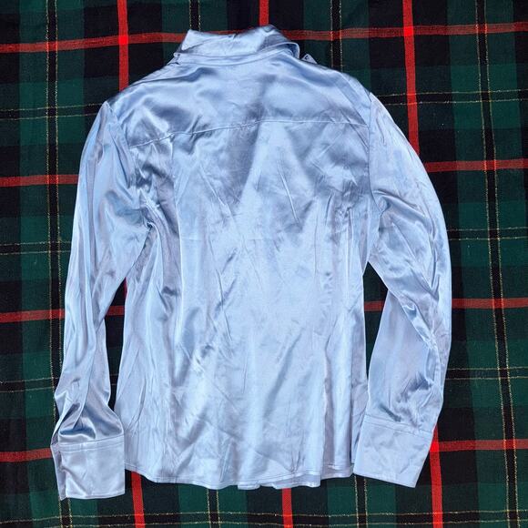 Talbots 14 Blue Satin Stretch Silk Button Front Blouse - Picture 5 of 7